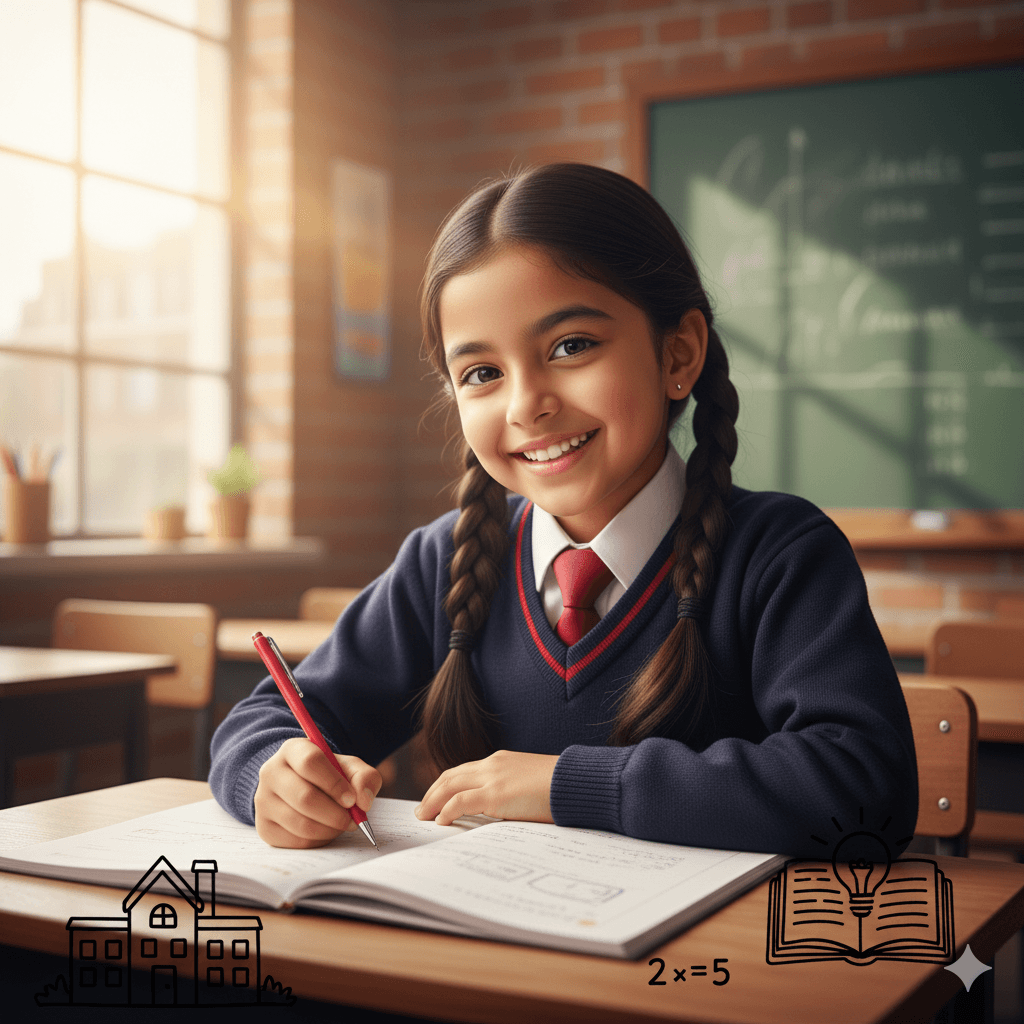 Happy grammar school student studying